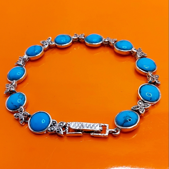 Stabilized Natural Turquoise 8mm & Marcasite 925 Sterling Silver Bracelet 7" - Picture 2 of 10